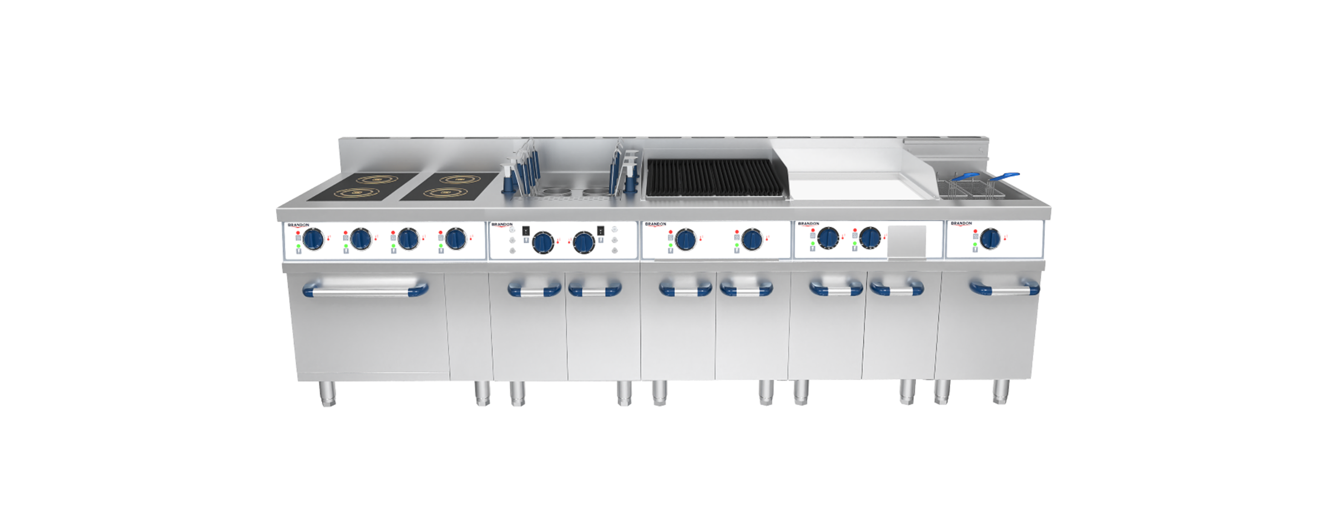 Modular cooking equipment set from Brandon featuring a fryer, gas range, griddle, pasta cooker, and charbroiler for efficient kitchen operations in fine dine restaurants and hotels.