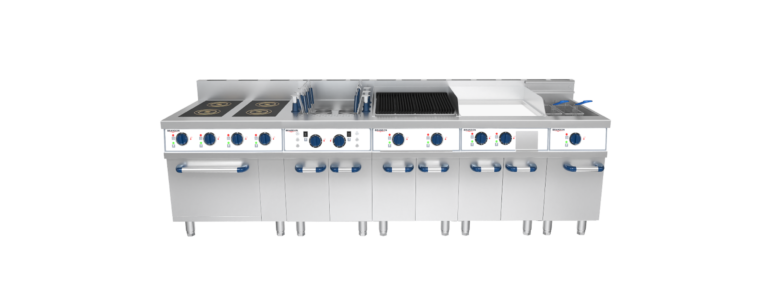 Modular cooking equipment set from Brandon featuring a fryer, gas range, griddle, pasta cooker, and charbroiler for efficient kitchen operations in fine dine restaurants and hotels.