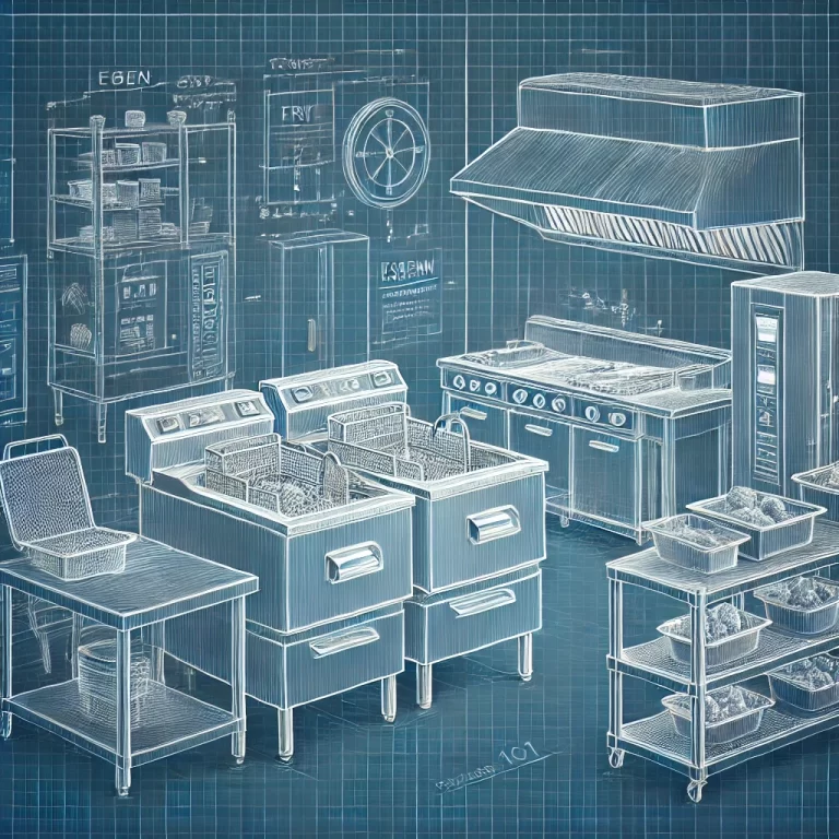 Blueprint-style thumbnail image for a blog post titled 'Fried Chicken Shop Kitchen 101: Essential Equipment and Tips for Success.' The image features a clean and organized kitchen setup with a focus on a fryer, stainless steel work tables, and a holding cabinet. The equipment is depicted in a technical, blueprint manner, highlighting the professional and efficient design of a fried chicken shop kitchen.